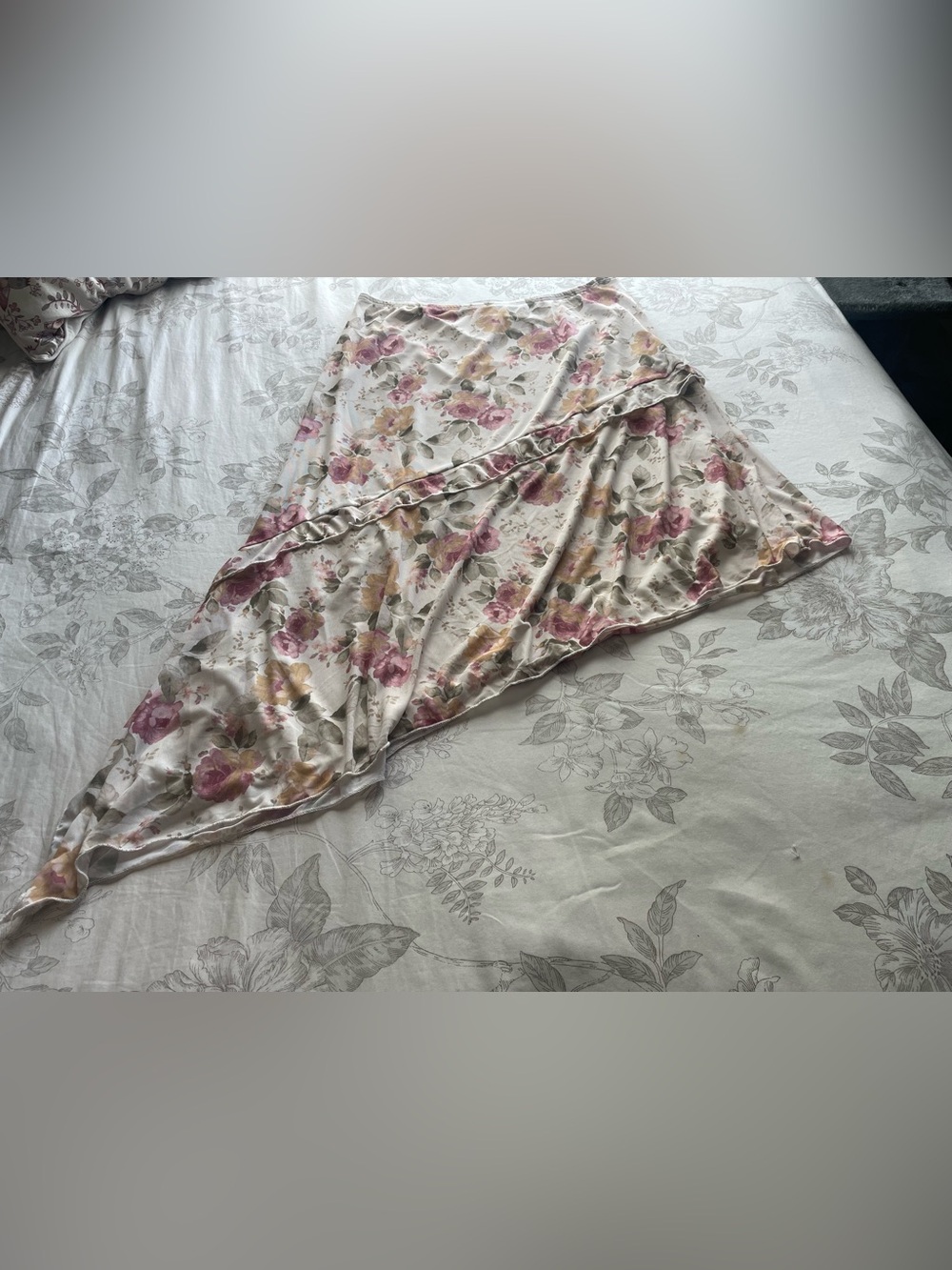 Y2K Pull On Cream Floral Asymmetric Ruffle Skirt Large Fairycore Whimsical Boho